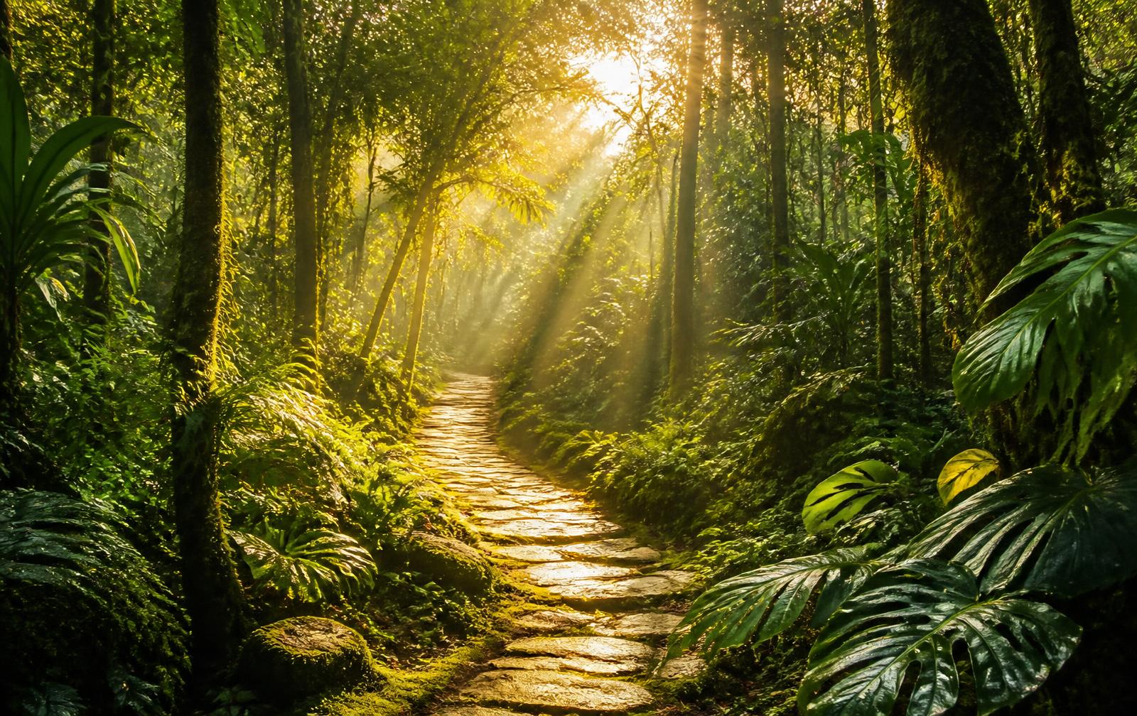 Caminho iluminado entre as árvores