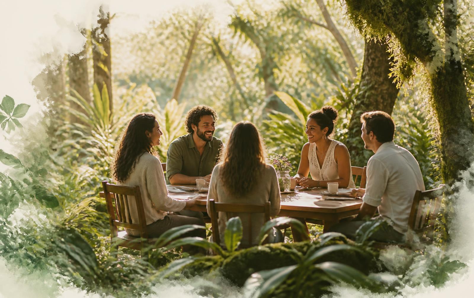 Pessoas conversando em uma mesa na floresta